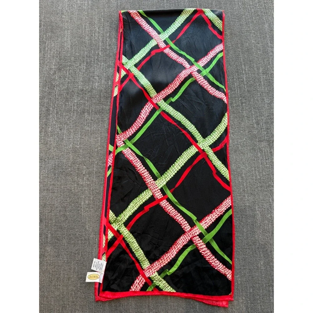 Talbots Silk Rectangle Scarf Large Plaid Black Red and Green Head Scarf 56